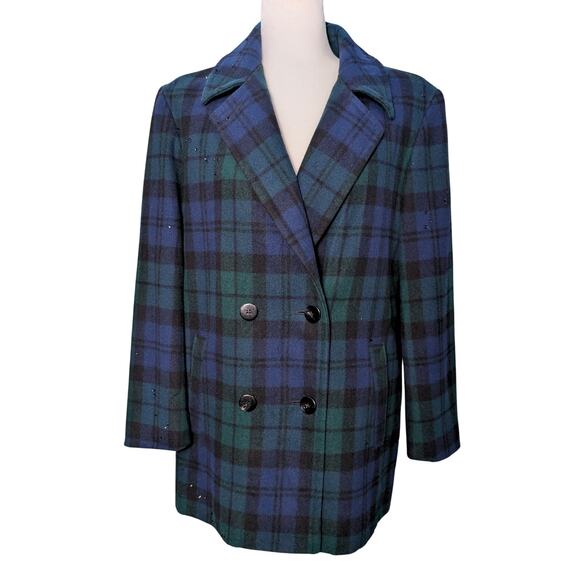 Vintage Checked 100% Wool Coat with Austrian Crystals - Blue Green Tartan - Picture 3 of 15